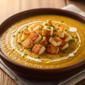 Creamy Vegetable Soup with Kashkaval Croutons