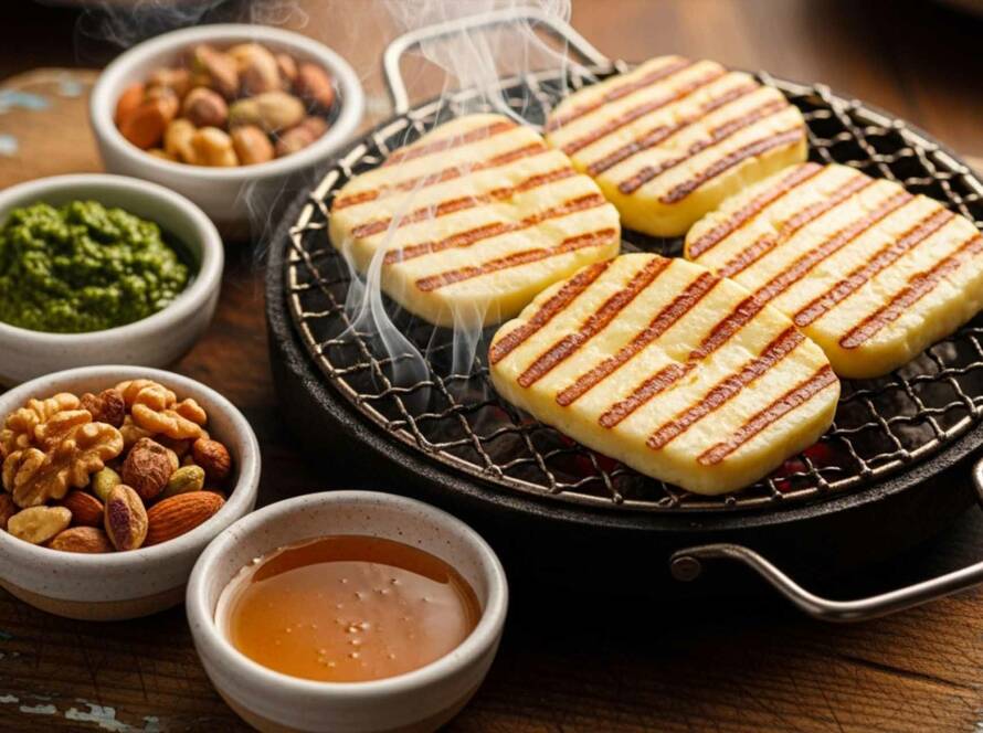 Grilled Olyana Halloumi cheese on a golden grill