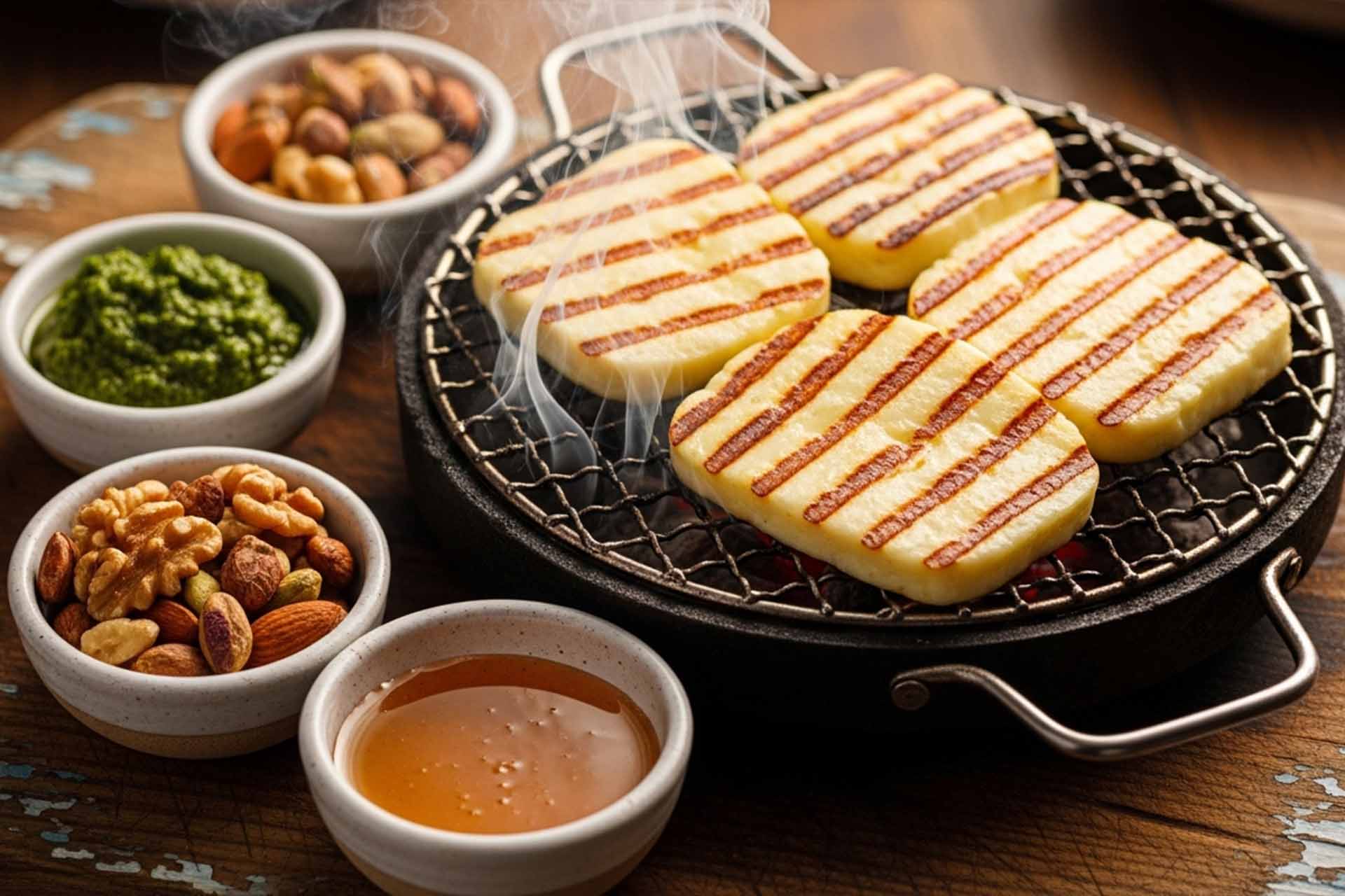 Grilled Olyana Halloumi cheese on a golden grill